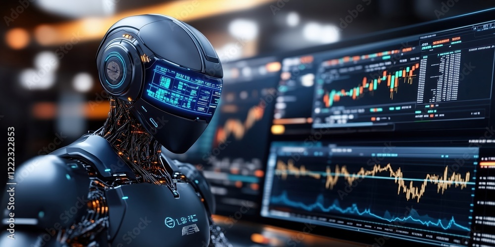 Poster ai robot financial data on multiple screens futuristic office digital art tech environment close-up 