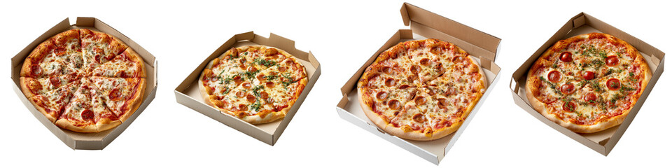 Ultra processed food sugar sodium artificial. Four delicious pizzas in takeout boxes against a black background.