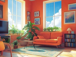 living room interior, modern furniture, large window, bright sunlight, orange couch