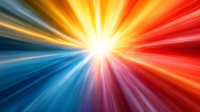 Vibrant radial burst of light with rainbow spectrum colors, dynamic starburst pattern, abstract background, energy rays, sunburst effect, colorful gradient beams, digital art, high contrast