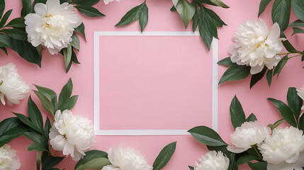 Obraz premium Soft pink background with white peonies and green leaves in a square frame, floral arrangement, symmetrical composition, pastel colors, delicate petals, botanical layout, spring theme