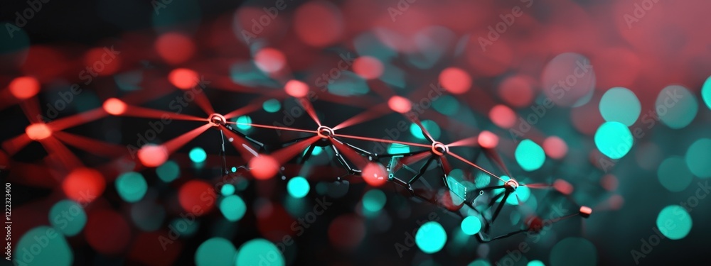 Poster abstract representation of interconnected nodes and glowing particles in vibrant red and teal tones