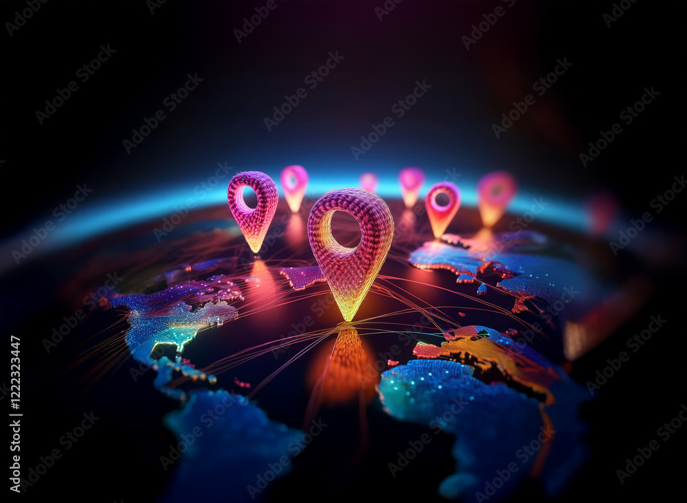 Poster glowing location markers illuminate a stylized earth, symbolizing global connectivity and digital ma