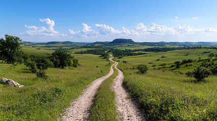 Fototapeta premium Winding dirt road leads to hilltop under blue sky, grassy landscape. Use Travel brochure, website background