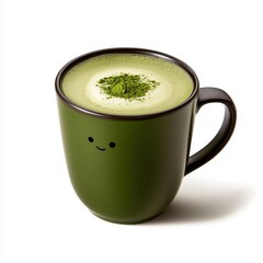 Cute Green Mug with Smiley Face and Whipped Matcha Cream on White Background