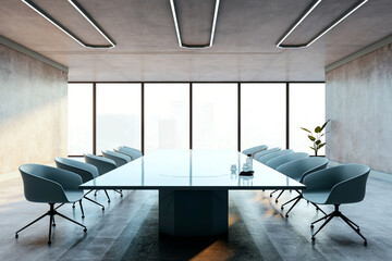 Modern boardroom with glass table, sleek chairs, and large windows overlooking cityscape. 3D Rendering