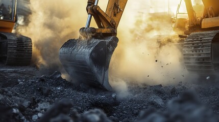Construction machinery in motion, dust swirling, dramatic lighting, dynamic industrial energy.