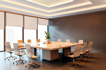 Modern conference room interior with beige chairs and large table, featuring minimalist decor and natural light. 3D Rendering
