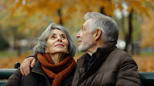 An elderly couple embraces while gazing up at the sky while seated on a bench in a park. 
