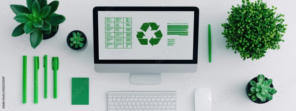Aufkleber modern desktop workspace with green elements and recycling icons on computer screen surrounded by pl