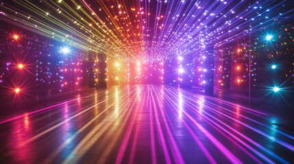 Obraz premium Bright light beams, laser rays, neon glow effect. Abstract flares, color flashes of disco ball, party lights with rays isolated on transparent background, vector realistic set
