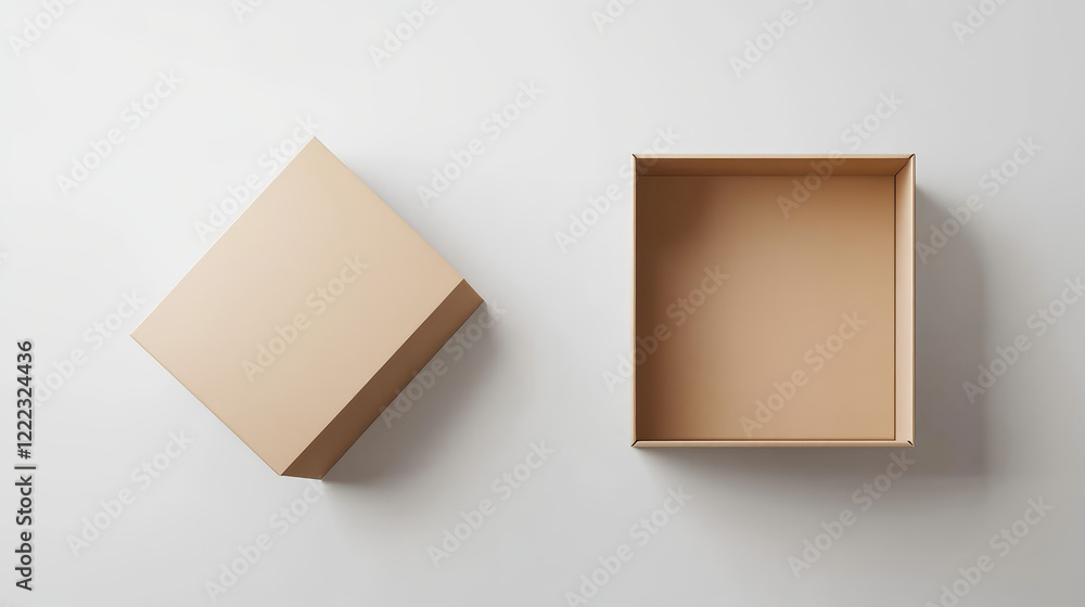 Poster white closed and open cardboard box mockup top angle view. realistic vector illustration set of blan