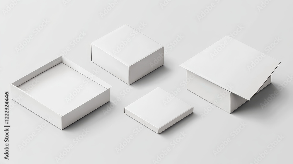 Poster white closed and open cardboard box mockup top angle view. realistic vector illustration set of blan