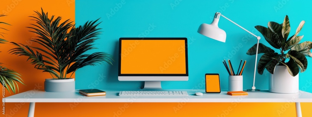 Poster modern workspace with colorful walls, plants, and computer setup for remote work and productivity bo