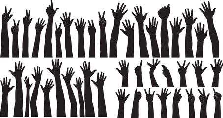 Black silhouette vector illustrations of raised hands representing activism, participation, community, and social events, ideal for impactful projects