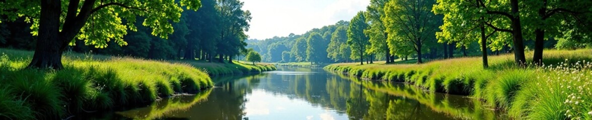 Fototapeta premium Riverbank is lined with tall trees and wildflowers, landscape, trees, nature