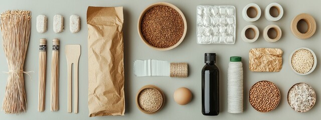 Collection of Natural Cooking Ingredients and Kitchen Utensils on a Tabletop Background