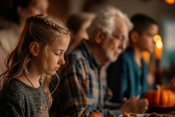 Fototapeta premium Family members express gratitude and reflection before a Thanksgiving meal, showcasing togetherness and warmth in a cozy setting with soft lighting and comfortable attire