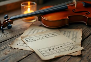 Fototapeta premium Vintage Violin Scene with Blank Paper