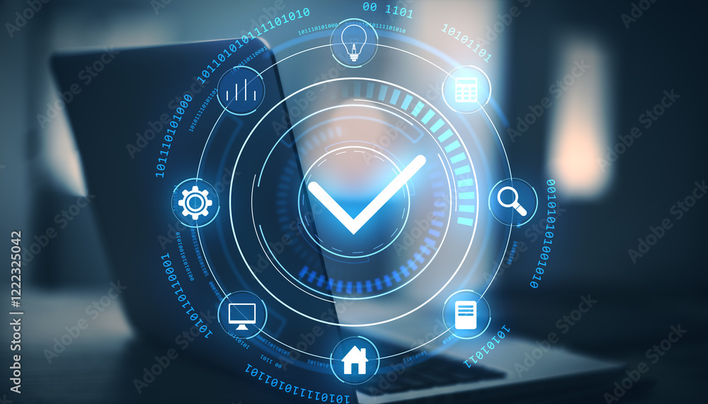 Poster neon checkmark icon in digital interface with futuristic design, displayed over a laptop background.