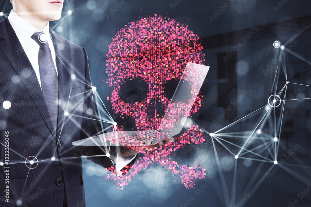 Poster businessman holding laptop with digital red skull hologram, symbolizing hacking and cybersecurity th