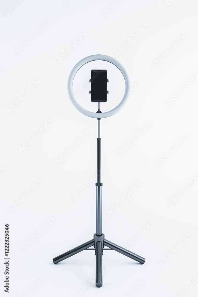 Poster ring light with smartphone mounted on a tripod stand, isolated on a white background. 3d rendering