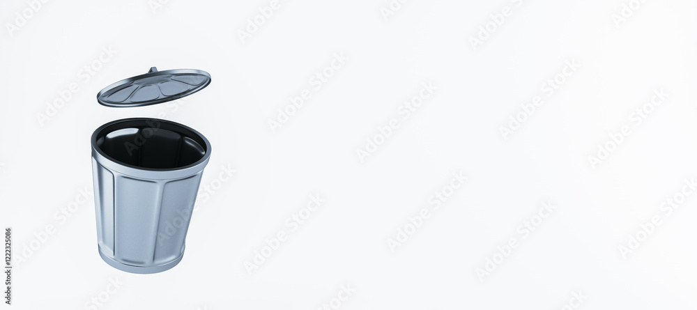 Poster Metal trash bin with open lid on light background. 3D Rendering