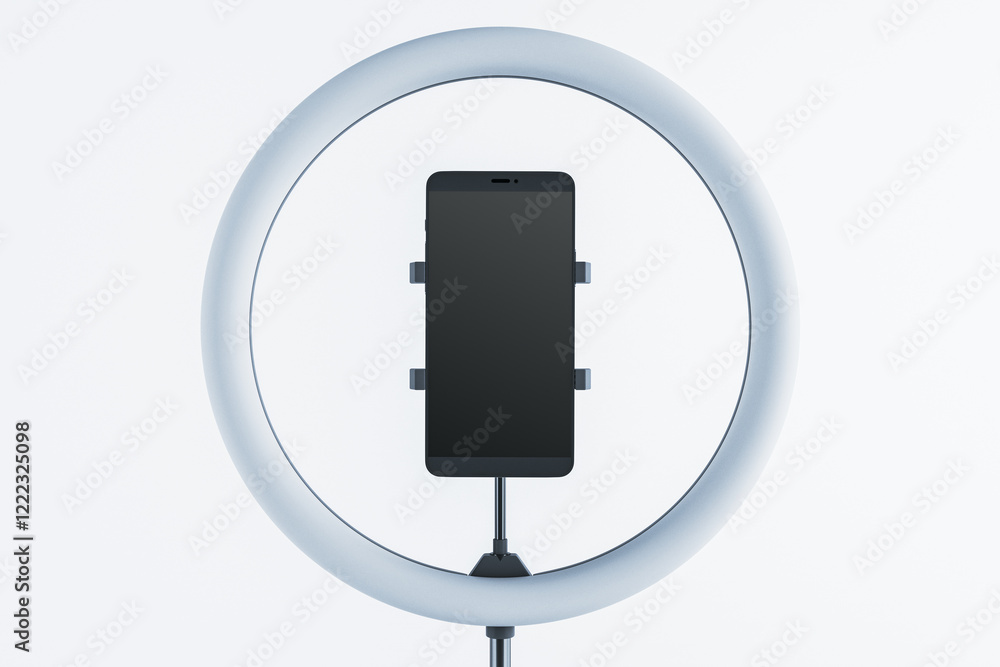 Poster smartphone mounted on a stand inside a circular light ring. 3d rendering