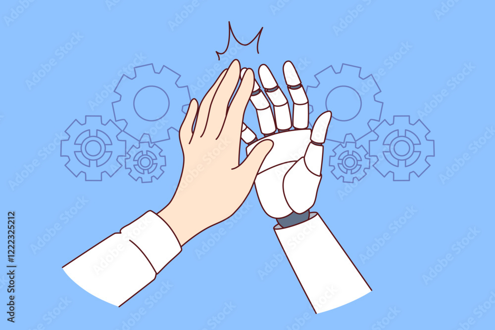 Wall mural collaboration man and ai robot making high-five gesture after successfully completed task. hands of 