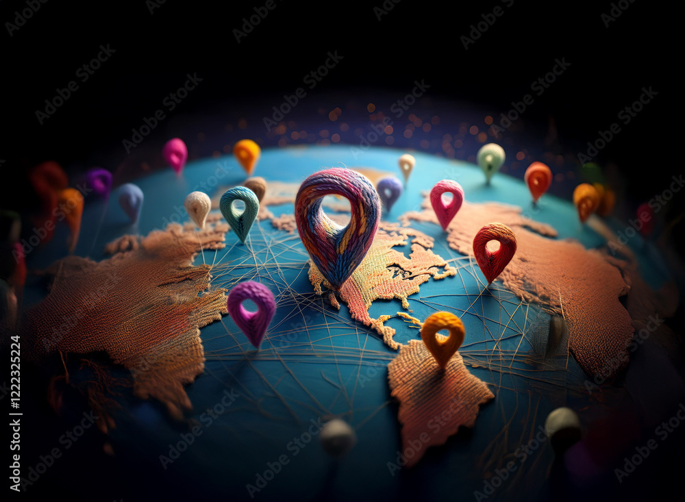Aufkleber a colorful, stylized world map is dotted with numerous location markers, suggesting global reach and