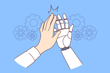 Collaboration man and AI robot making high-five gesture after successfully completed task. Hands of business manager and humanoid helping to develop production thanks to AI or artificial intelligence