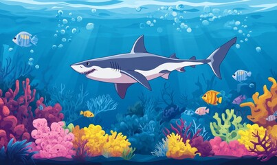Fototapeta premium White Shark Swims with Fish Near Coral Reefs in Blue Ocean Water, Marine Predator in Colorful Underwater Wildlife Habitat, Generative AI