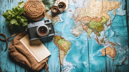Vintage camera and travel items on world map