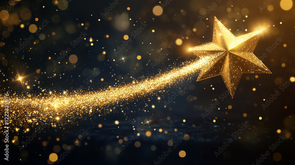 Poster gold star with curve trail line on dark transparent background. realistic vector illustration set of
