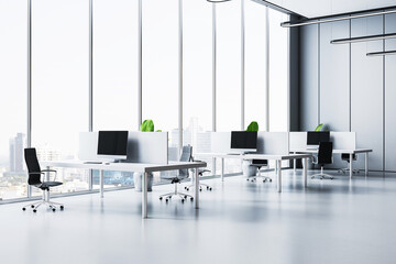 Modern panoramic office interior with desks, chairs, and computers. 3D Rendering