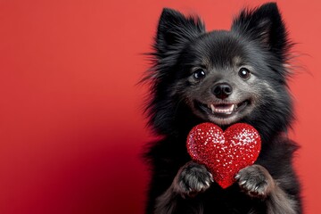 Cute finnish lapphund doggy with sparkling rhinestones red heart - emblem of love, funny greeting card. Finnish lapphund - my preferred dog. Digital ads creative picture idea. Love animals.
