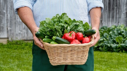 Fototapeta premium Man Holding a Woven Basket Filled with Fresh Vegetables in a Lush Green Garden Setting