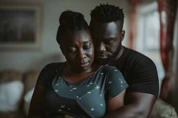 A new father is gently comforting his partner as she navigates postpartum emotional changes, highlighting the vital role of mutual understanding during this period