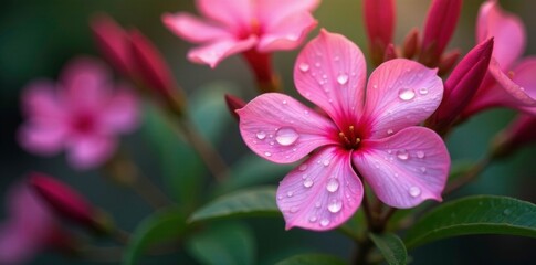 Obraz premium Pink oleander flowers with dew drops on the petals, droplets, bloom