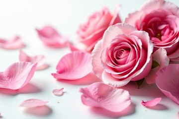Fototapeta premium Delicate rose petals scattered on a crisp white background, white background, botanical art, soft focus