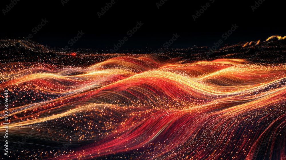 Poster set of red sparkling flows isolated on black background. realistic vector illustration of abstract s