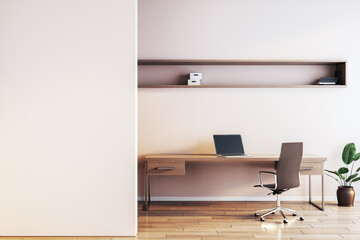 Modern minimalist home office interior with desk, chair, laptop, and wall shelf in a beige-toned room. Contemporary workspace design. 3D Rendering