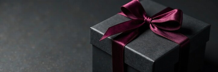 Black gift boxes with velvet ribbon tied at top, gift wrapping, luxury, decorative box
