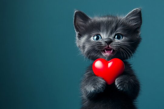 Cute pixiebob young cat with critter toy red heart - emblem of love, funny greeting card. Promotion idea. Pixiebob - my beloved cat. Red valentine's day furry photo. Valentine's card pet.