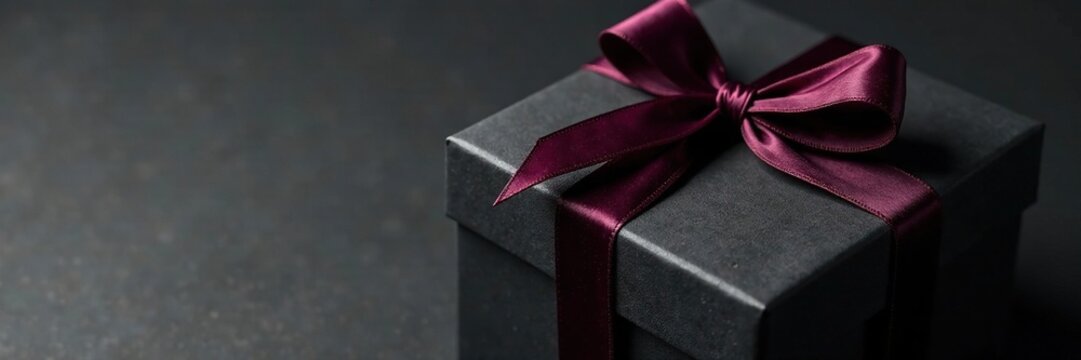 Black gift boxes with velvet ribbon tied at top, gift wrapping, luxury, decorative box