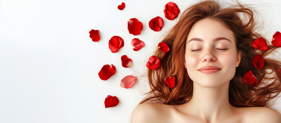 Smiling woman rose petals beauty wellness skincare spa concept glowing skin relaxation natural valentine mood romantic editorial banner design blank white background copyspace mockup template