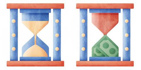 Fototapeta premium Hourglass symbolizing time and money management in colorful design Finance and Investment Icon Set, Blue and Red Theme