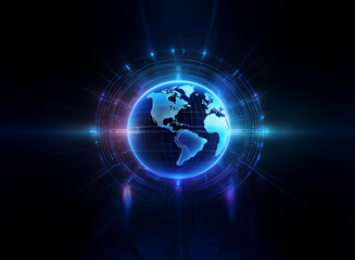 A glowing digital globe, encircled by a futuristic interface, set against a dark background.  The image suggests global connectivity and technological advancement.