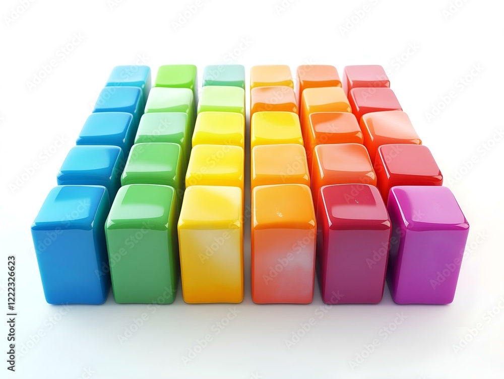 Poster multicolored cube of blocks, gradient effect, 3d rendering, white background