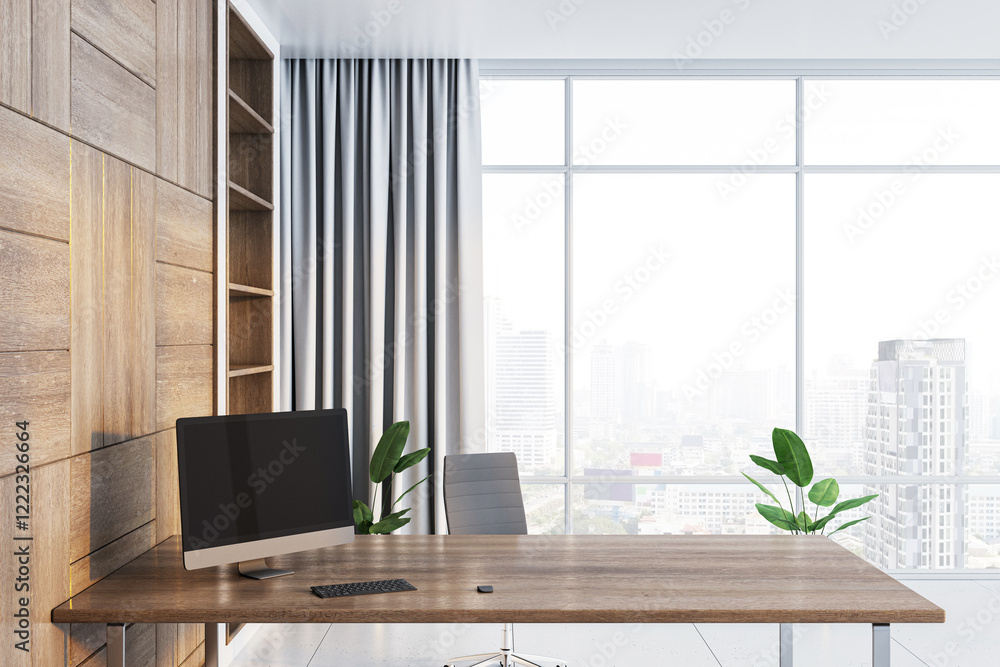 Aufkleber modern office interior with wooden desk and computer in front of a large window overlooking the city